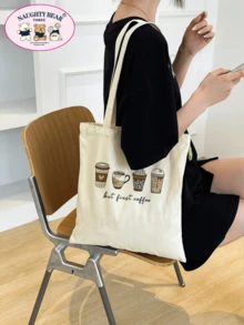 1pc Beige Women's Canvas Tote Bag, Portable Shopping Bag For Outing - Beige - View 4