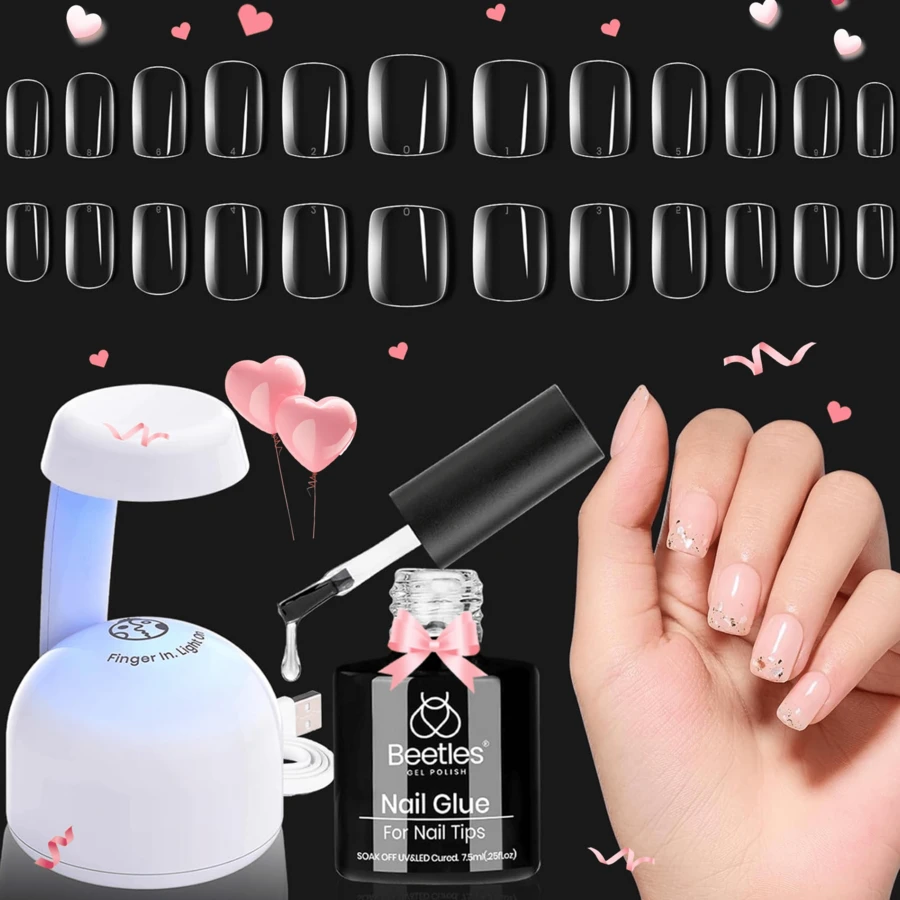 Nail Tips Kit Square Nail Supplies Nail Stuff Nail Stuff Nail Tech Supplies 500Pcs Pre-Shaped Extra Short Square Nail Tips With 5 In 1 Mutipurpose Glue Gel Base Uv Led Nail Lamp - 凝膠 - 查看 1
