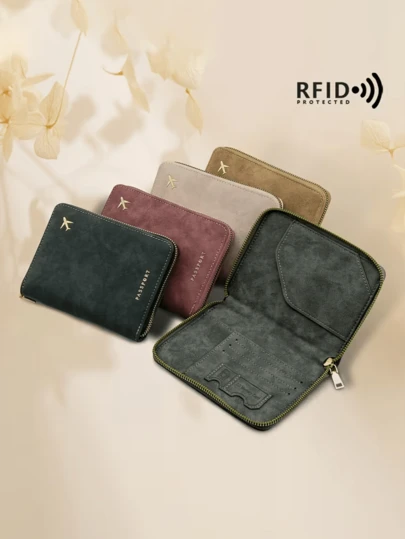 1 chiếc ví đựng hộ chiếu du lịch bằng da PU, chống RFID, đa chức năng, có khóa kéo, nhiều ngăn đựng thẻ.