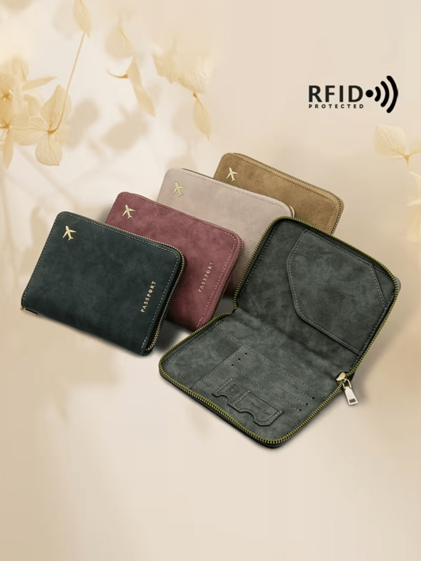 1 chiếc ví đựng hộ chiếu du lịch bằng da PU, chống RFID, đa chức năng, có khóa kéo, nhiều ngăn đựng thẻ.