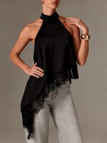 Women's Solid Color Satin Lace Patchwork Halter Neck Irregular Lace Hem Sleeveless Tank Top,Parties Clubwear And Streetwear Vacation Outfits Women - màu đen - Xem 3