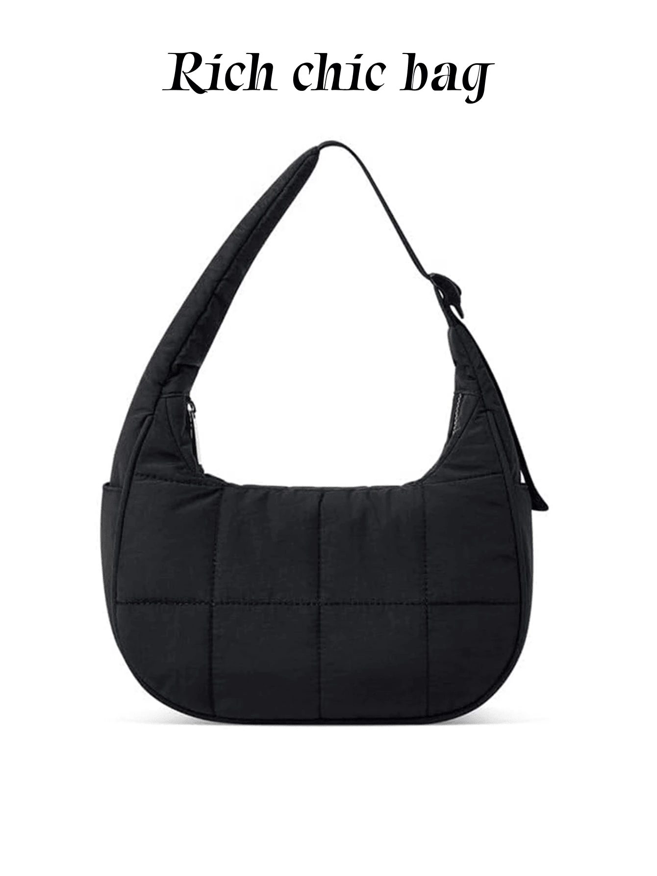 New Fashion Ladies Small Down Bag Shoulder Bag Nylon Shoulder Purse And Handbag With Adjustable Shoulder StrapPuffer Crescent Shoulder Bag For Women, Nylon Quilted Bag, Underarm Handbag With Adjustable Shoulder Straps - 黑色 - 查看 1