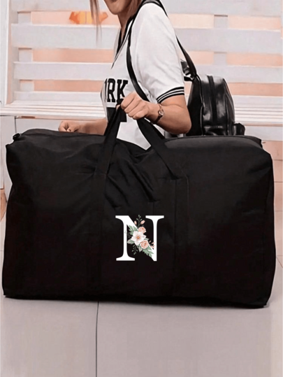 1pc Foldable Travel Tote Bag, Extra Large Storage Compartment, Waterproof & Moisture-Proof, Personalized Initial Pattern, Big Capacity Bedding Storage Bag, Non-Woven Fabric Handbag