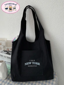 1 件黑色时尚 1989newyork 字母印花帆布手提包，配有简约肩带，适合女士、便携式购物袋、适合读书周的学院风书包 - 黑色 - 查看 9