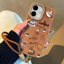 1pc Brown Leather Coffee Letter Element Classic Minimalist Lanyard Soft TPU Protective Phone Case Compatible With IPhone 17/17 Pro/17 Pro Max/11/12/13/14/15/16/17 Pro Max Series - Multicolor - View 3