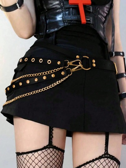 1pc Plus Size Women's Sexy Black Waist Belt Chain, Gothic Style Waist Cincher With Studs & Tassels, Suitable For Everyday, Commute, Music Festivals, Halloween Parties, And Celebrations