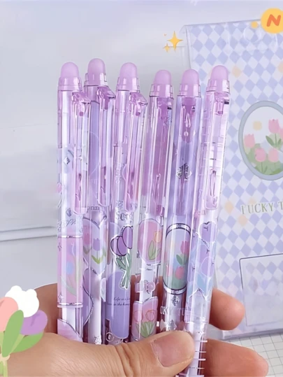 6pcs/Set Purple Tulip Erasable Gel Pens With Cute Erasers, Essential Stationery For Students, Girls, Office And School, Back To School Supplies