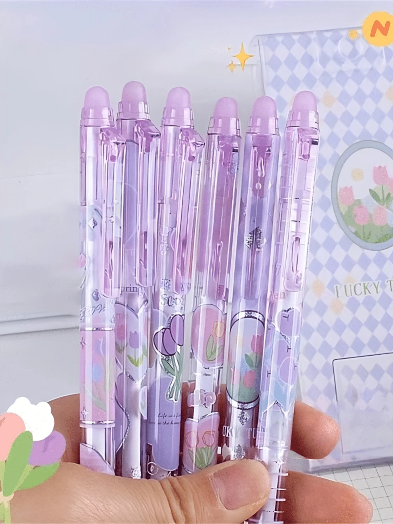 6pcs/Set Purple Tulip Erasable Gel Pens With Cute Erasers, Essential Stationery For Students, Girls, Office And School, Back To School Supplies - Purple - View 1
