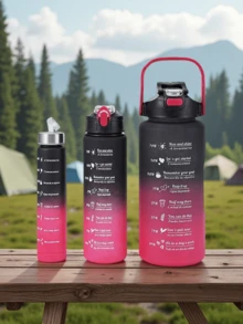 3个装塑料水瓶套装，带吸管，渐变色，带容量刻度，户外便携运动水杯 - 黑紅漸變 - 查看 7