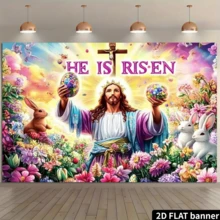 2D Flat Religious Easter Background Cloth, Jesus, Colorful Easter Eggs, Rabbits, Butterflies, Flowers, Cross, Text He Is Risen, Festival Decoration, Home Decoration, Party Decoration, Festival Gift, Polyester Fiber Material, No Power Required, Suitable For Indoor And Outdoor Celebration Activities - Multicolor 4 - View 2