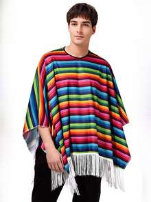 1pc Adult Rainbow Striped Cosplay Cloak, Mexican Costume Shawl Poncho For Festival Party Role Play - Multicolor - View 3