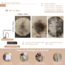 3幅复古墙面艺术海报，帆布画，装饰艺术品，大地色系，复古抽象，树木年轮，自然图案，质朴木纹，农舍风格装饰，带框或不带框可选，房间装饰，家居点缀，宿舍，酒店，客厅，卧室，浴室，办公室墙面装饰，礼品 - A - 查看 19