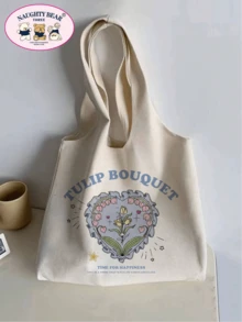 1入組米色時尚帆布手提袋，字母&花卉&鬱金香印花女式手提包，適用於購物、書包、大容量、可攜式，適用於青少年女孩、女性大學生、白領女性，適用於工作、返校、中學、高中、大學、假期