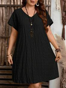 Plus Size Women Loose Casual V-Neck Ruffle Short Sleeve Dress Black Summer Elegant - Black - View 3