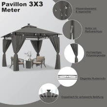 DEVOKO 3*3m Garden Pavilion, Outdoor Pavilion, Luxury Pavilion, UV-Resistant Pavilion, Garden Pavilion With Lighting, Available In Beige Or Grey