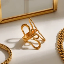 Miia, High-Quality Stainless Steel Ring, Minimalist & Fashionable Symmetrical Floral Open Ring Design, Low Allergy & Fade-Resistant, Versatile & Elegant INS-Style Adjustable Ring For Women, Jewelry Accessory For Daily, Party, Vacation, Gathering, Thoughtful Gift For Her - Ring - View 3