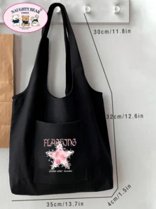 女士简约帆布手提包，敞口帆布单肩包，手提包，简约书包，适合中小学生和大学生，可作文件袋、收纳袋、旅行包 - 黑色 - 查看 3