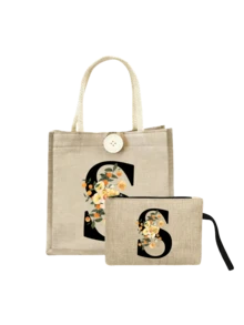 A-Z字母印花亚麻手提袋套装，个性化礼品，附赠小收纳袋，花卉图案，母亲节礼物，黄色亚麻手提袋配黑色肩带，大小号手提袋组合，送给女性、母亲、老师、朋友、伴娘的完美礼物，适合海滩、旅行等场合。 - 彩色 - 查看 14