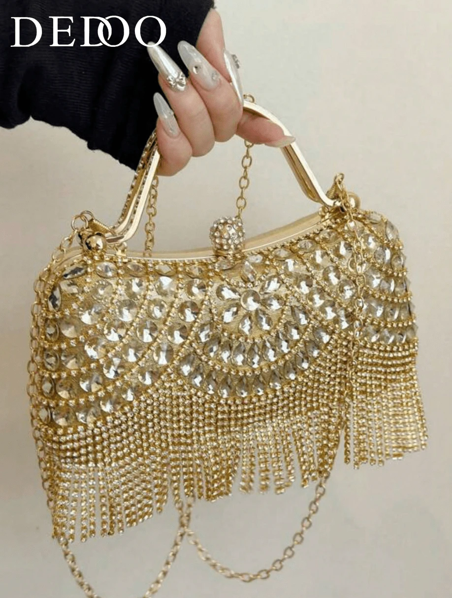 1pc New Rhinestone Embellished Evening Clutch Bag - Shiny Glittering Handbag With Tassel Decoration, Suitable For Wedding Dresses And Bridesmaid Gowns, Detachable Metal Chain Strap For Shoulder Carry, Gift For Women, Perfect For Party Wedding Prom Dinner/Banquet, Matching With Holiday Party Dress Evening Dress & Sequin Dress, Elegant Prom Bag - Vàng - Xem 1