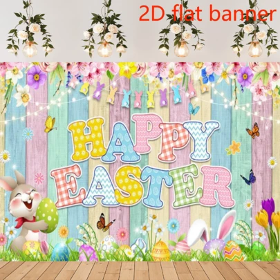 2D PlaneVibrant Happy Easter Backdrop Colorful Lettering, Bunny & Decorative Eggs