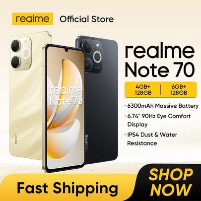  Realme Note 70T 智能手机，全球版，4+256GB/4+128GB 存储，6000mAh 大电池，4G 网络，15W 快充，6W 反向充电，24GB 动态内存，90Hz 爱眼显示屏，300% 超级音量 AI 相机 - 金色（不含充电器）