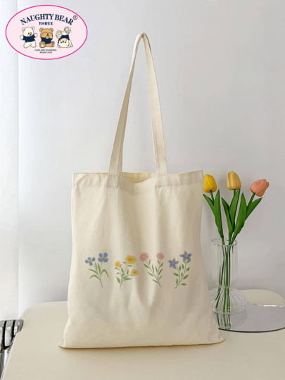 Floral Graphic Shopper Bag Double Handle Preppy,School Bag,Large Capacity,Portable,For Teen Girls Women College Students,White-Collar Workers,Perfect For Work,Back To School,Middle School,High School,College,Vacation, Literary School Bag & Book Bag For Women Or Students, Perfect For Books, Shopping, Back To School And More