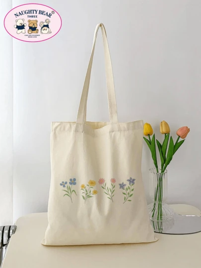 Floral Graphic Shopper Bag Double Handle Preppy,School Bag,Large Capacity,Portable,For Teen Girls Women College Students,White-Collar Workers,Perfect For Work,Back To School,Middle School,High School,College,Vacation, Literary School Bag & Book Bag For Women Or Students, Perfect For Books, Shopping, Back To School And More