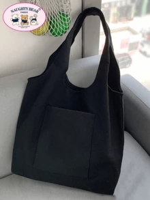 女士简约帆布手提包，开顶帆布单肩包，手提包，适合小学生/中学生/大学生的简约公文包，文件夹，旅行包 - 黑色 - 查看 7