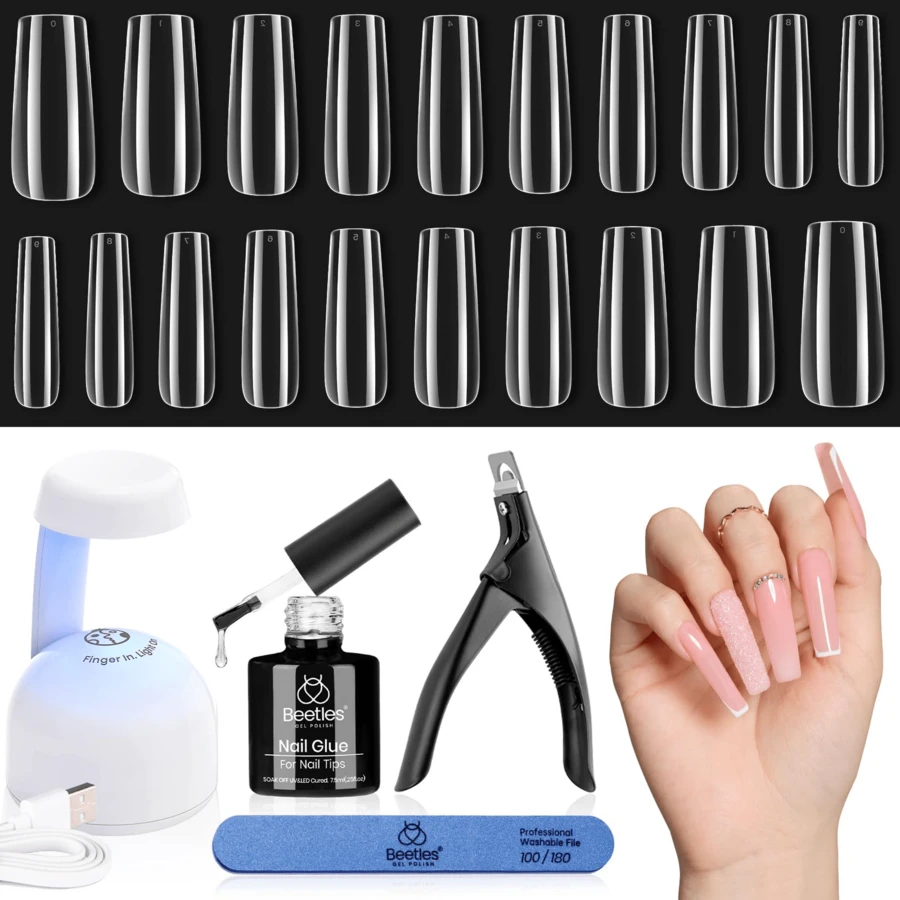 Nail Kit Easy Extension Set,Nail Supplies Nail Stuff Nail Stuff Nail Tech Supplies 240 PCS Long Square Gel Nail Tips Full Cover With 5 In 1 Nail Glue Base Gel And Innovative Uv Led Lamp Easy DIY Gift For Women - 玻璃 - 查看 1