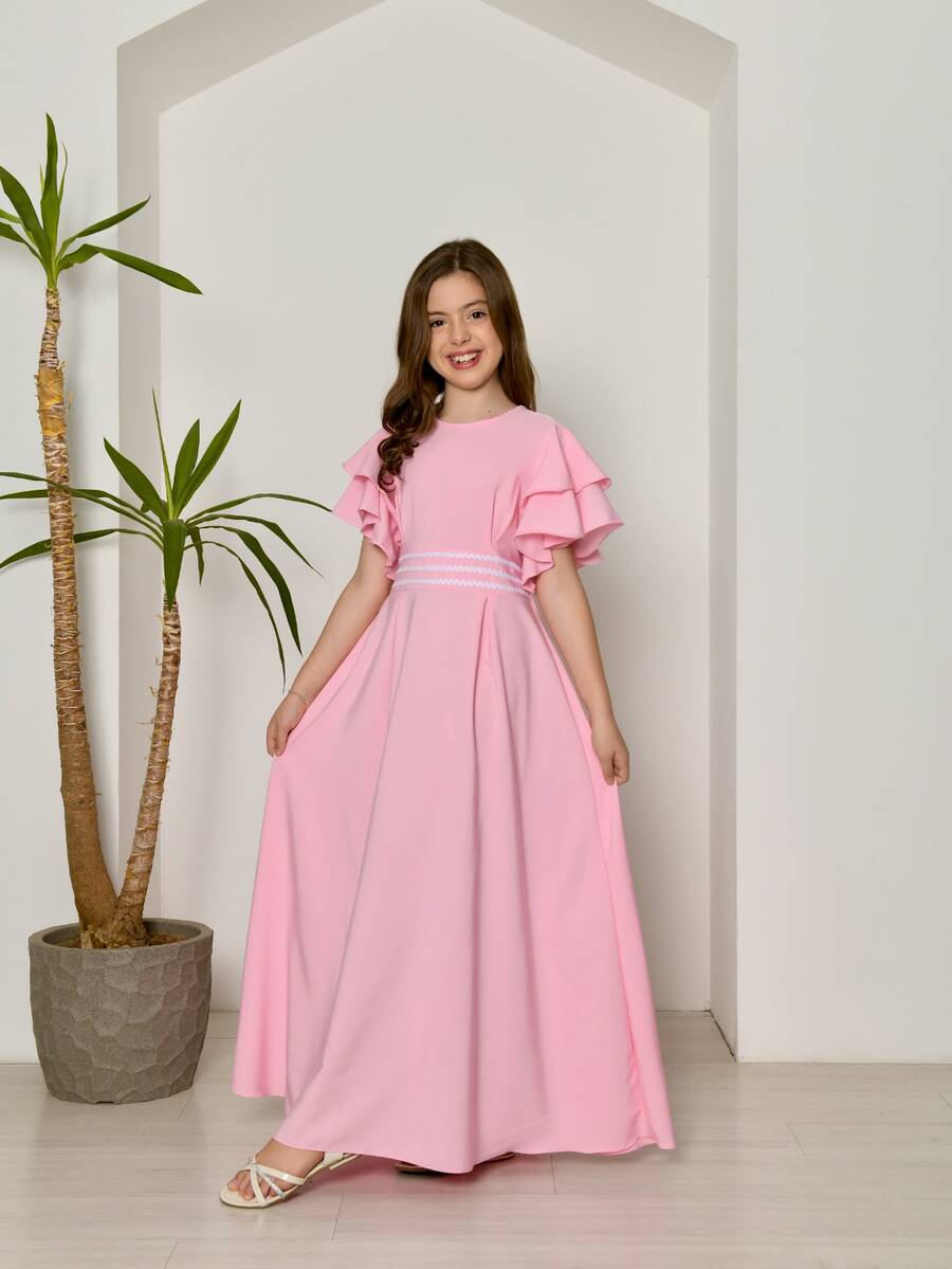 Evangelical Long Dress For Girls And Teenagers With Trio Detail At The Waist And Layered Sleeves | Long, Flared Dress With Elastic At The Back | Sizes 10 To 16 | Colors: Baby Blue, Green, Pink, Lavender, And Navy Blue | Elegant And Comfortable Outfit For Birthdays, Parties, Christmas, Graduations, And Special Events | Classic Teen Dress With A Loose Fit | Delicate Model With Wide Sleeves And Refined Finish | Long Dress For Pre-Teen And Teenage Girls | Children's Clothing For Special Occasions And Dressy Casual Wear | Ideal Gift For Girls | Flared Dress With Lightweight Fabric And Soft Touch | Charming, Discreet, And Comfortable Look For Various Occasions - Rosa - 查看 1