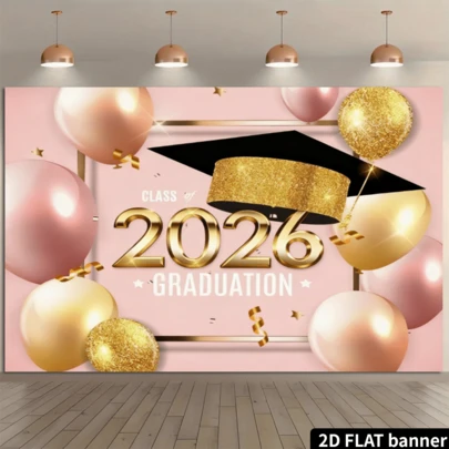 2D flach, 1 Stück-teiliges Set von 2026 Abschlussfeier Banner, großer Klassenzimmer Hintergrund, mit Ballon Farbpapier und Abschlusszeugnis Design, UV-beständiger bedruckter Wanddekor, geeignet für den Innenbereich