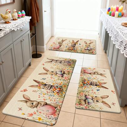 1/2/3 szt. dywaników/mat do kuchni z motywem wielkanocnego zajączka, z uroczymi króliczkami, kolorowymi jajkami i wiosennymi kwiatami na teksturowanym płótnie, odpowiednie do dekoracji wielkanocnych i wiosennego wystroju domu, do stosowania w kuchni, łazience, przedpokoju lub ogrodzie, idealne do świątecznej dekoracji domu, aby stworzyć wielkanocny nastrój
