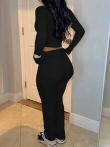 Onicee 女士夏季加大码黑色方领褶皱长袖上衣和裤子套装，适合狂欢节、约会、聚会、派对、旅行、度假、海滩等场合。 - 黑色 - 查看 3
