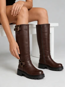 Women's Knee High Boots Slip On Squared Toe Chunky High Heel Platform Riding Boots Buckle Boots For Women Sexy Tall  Boots Dance Party Shoes For Halloween Christmas - a棕色 - 查看 8