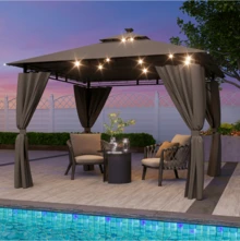 DEVOKO 3*3m Garden Pavilion, Outdoor Pavilion, Luxury Pavilion, UV-Resistant Pavilion, Garden Pavilion With Lighting, Available In Beige Or Grey
