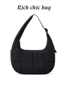 New Fashion Ladies Small Down Bag Shoulder Bag Nylon Shoulder Purse And Handbag With Adjustable Shoulder StrapPuffer Crescent Shoulder Bag For Women, Nylon Quilted Bag, Underarm Handbag With Adjustable Shoulder Straps - 黑色 - 查看 6