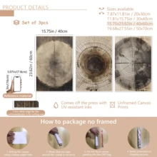 3幅复古墙面艺术海报，帆布画，装饰艺术品，大地色系，复古抽象，树木年轮，自然图案，质朴木纹，农舍风格装饰，带框或不带框可选，房间装饰，家居点缀，宿舍，酒店，客厅，卧室，浴室，办公室墙面装饰，礼品 - A - 查看 14