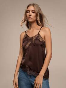 HZXVIC 女士新款纯色欧美风蕾丝边不对称度假上衣，性感纯净风夏季上衣 - 咖啡棕 - 查看 6