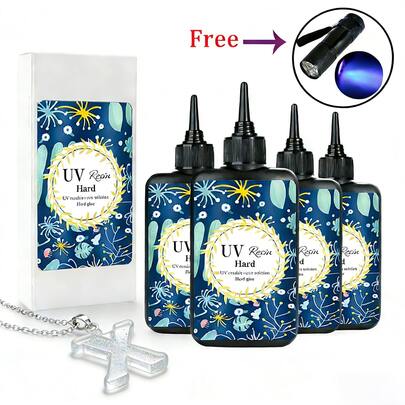 400克/300克/200克/100克 无味、低粘度硬质UV树脂，适用于DIY珠宝制作、手机壳、钥匙扣、创意装饰、铸造和涂层工艺品，包含UV灯（不含电池）