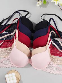 5件装优雅纯色蕾丝拼接聚拢文胸 - 彩色 - 查看 2
