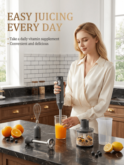 SOKANY‑1713‑4 Kit Blender Genggam 4-in-1, Blender Celup Multifungsi Termasuk Pengocok, Pencincang, dan Gelas Ukur, Pengaduk Makanan Dapur untuk Makanan Bayi dan Pengolahan Makanan Sehari-hari