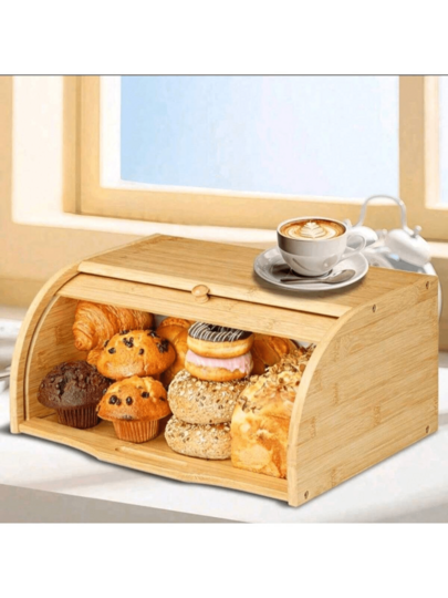 Caja de pan de madera natural, almacenamiento de cocina, a prueba de polvo y humedad, caja de pan enrollable, caja de almacenamiento para hornear en casa.