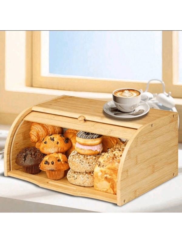 Caja de pan de madera natural, almacenamiento de cocina, a prueba de polvo y humedad, caja de pan enrollable, caja de almacenamiento para hornear en casa.