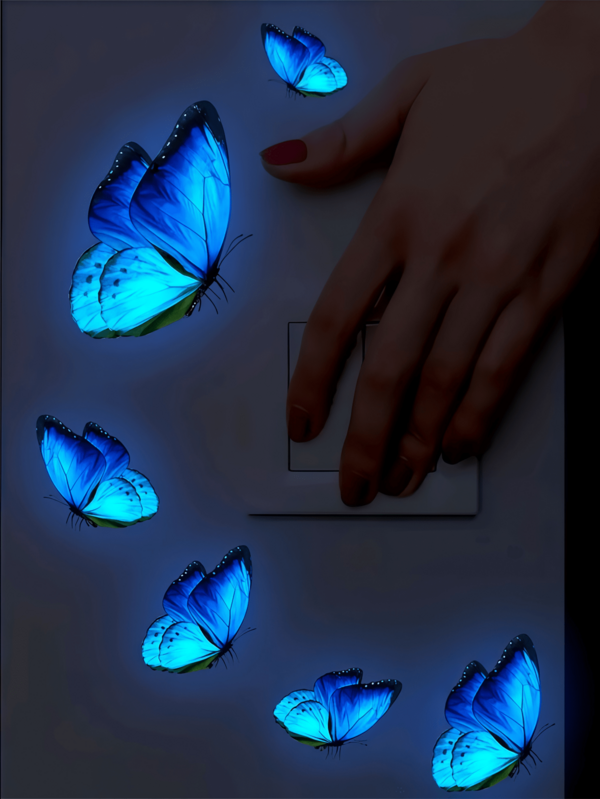 1张/6只蝴蝶贴纸，夜光贴纸，可移除半哑光自粘墙贴，适用于客厅、卧室和儿童房。家居装饰贴纸，墙贴，乙烯基贴纸，春季装饰，为您的家增添活力。Rama装饰贴纸礼品，生日和毕业礼物。