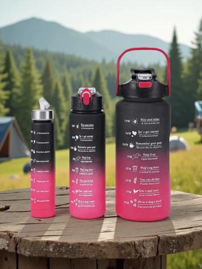 3个装塑料水瓶套装，带吸管，渐变色，带容量刻度，户外便携运动水杯