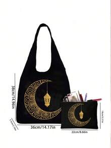 Moon Lantern And Stars Printed Canvas Shoulder Bag,Ramadan Kareem Lantern,Crescent Moon Golden,A Printed Black Tank Top Tote Bag And A Black Small Bag,Valentine'S Day Gifts,Personalized Wedding Gift Bag For Female Bridesmaids, Makeup Bag, Travel Simple Storage Bag,Ramadan Gifts, New Year Gifts - Multicolor - View 9