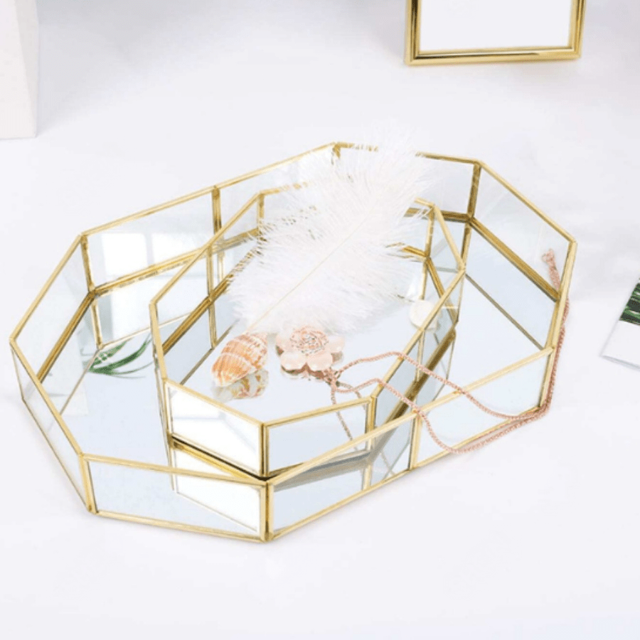 一套多边形奢华玻璃首饰收纳托盘，展示盒，金色华丽复古八角形化妆品香水盒首饰小饰品架，家居装饰，婚礼用品，派对用品，新年礼物，生日礼物，情人节礼物，节日礼物，家庭收纳，适用于办公室、宿舍、浴室等场所。