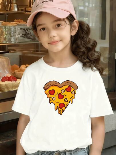 ¡Pizza con Corazones! Camiseta Estampada Niña Algodón Suave, Estilo Divertido y Original Para Diario, Regalo Ideal Para Expresar Alegría y Amor, ¡Comodidad y Estilo Mexicano en Cada Aventura!