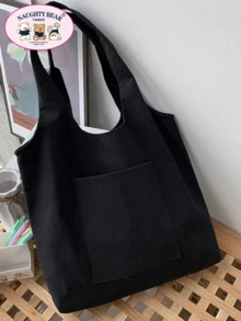 女士简约帆布手提包，开顶帆布单肩包，手提包，适合小学生/中学生/大学生的简约公文包，文件夹，旅行包 - 黑色 - 查看 6