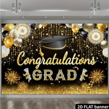 2D Flat Graduation Party Background Cloth, Black And Gold, Text Congrats GRAD, Bachelor's Cap, Champagne, Balloon, Fireworks, Sequins, Party Decoration, Photo Background, Polyester Fiber, No Power Required - Multicolor 3 - View 3